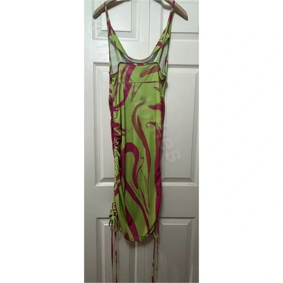 Nasty Gal Lime Green & Hot Pink Marble Print Ruched Cowl Neck Dress NWT - Picture 9 of 14